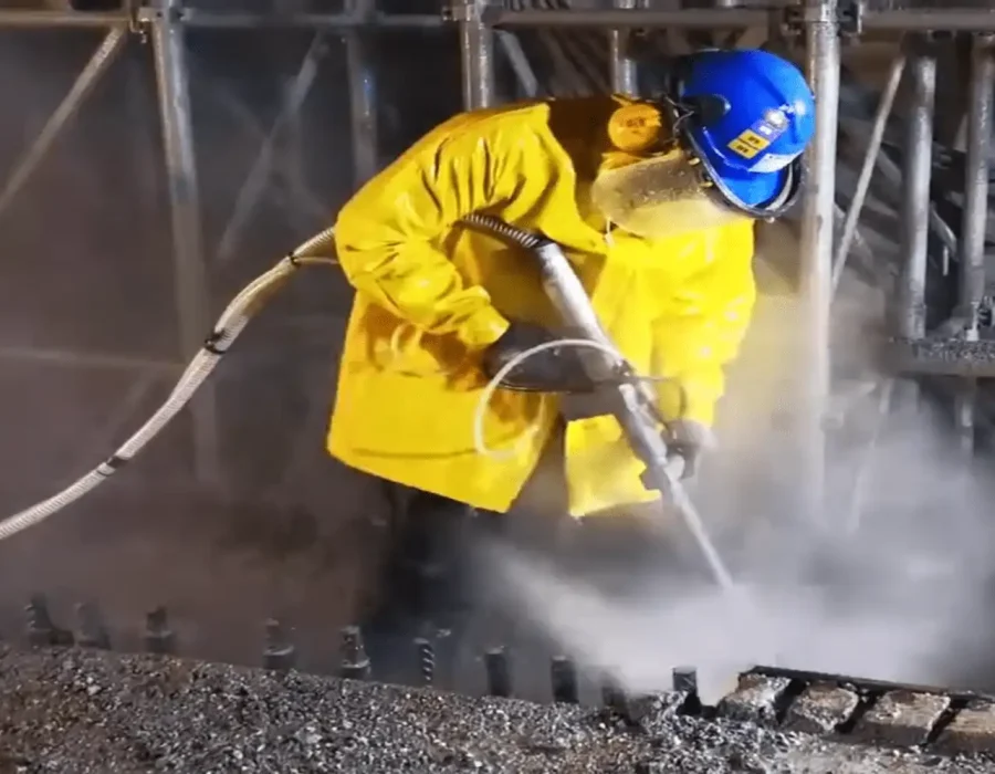 Specialist performing hydro-demolition with safety gear for commercial concrete removal project