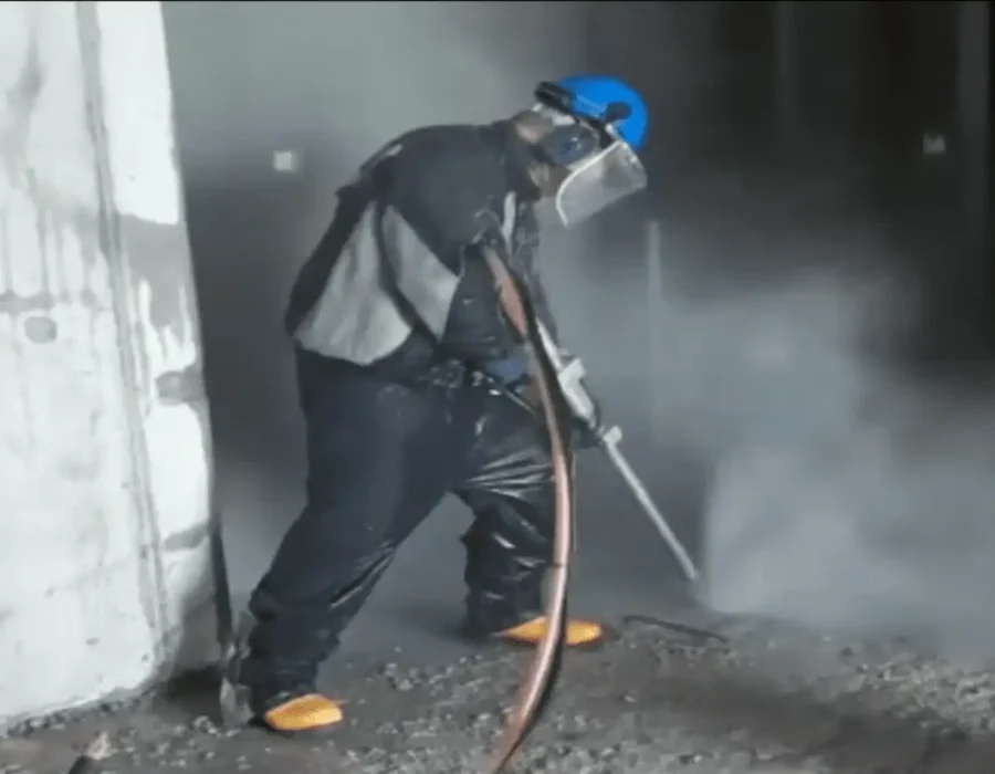 Worker using high-pressure equipment for interior demolition and debris removal services