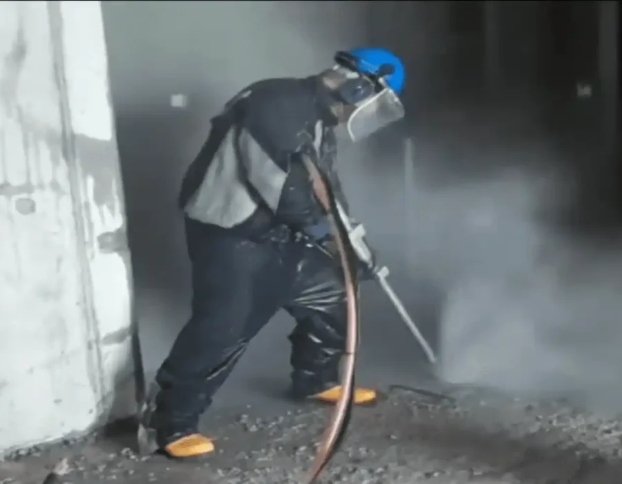 Worker in protective gear performing dusty surface grinding with industrial equipment