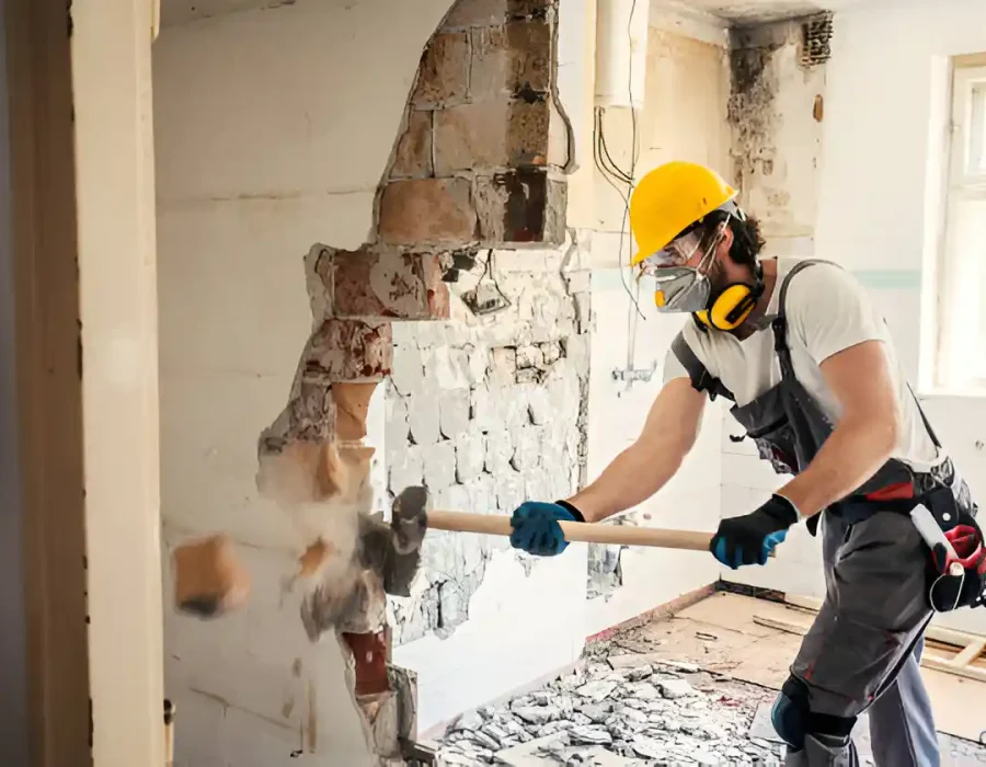 Construction worker in safety gear using a sledgehammer to demolish a wall in a renovation project.