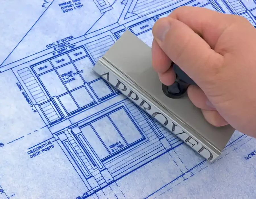 A hand stamping "approved" on a residential building blueprint for a construction project.