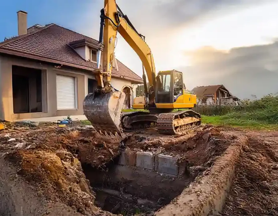Excavator digging near a house for demolition and site preparation.