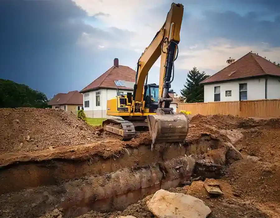 Excavator digging soil near houses for site preparation and demolition services.