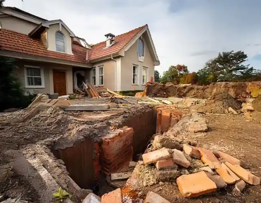 Residential property demolition with exposed foundation and scattered debris.