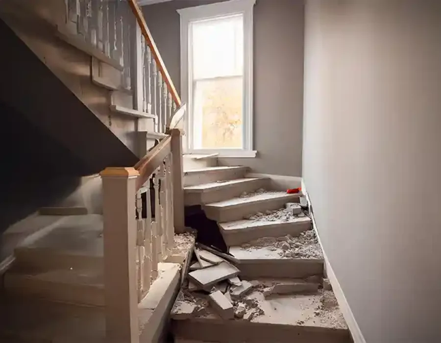 Interior staircase partially demolished with debris