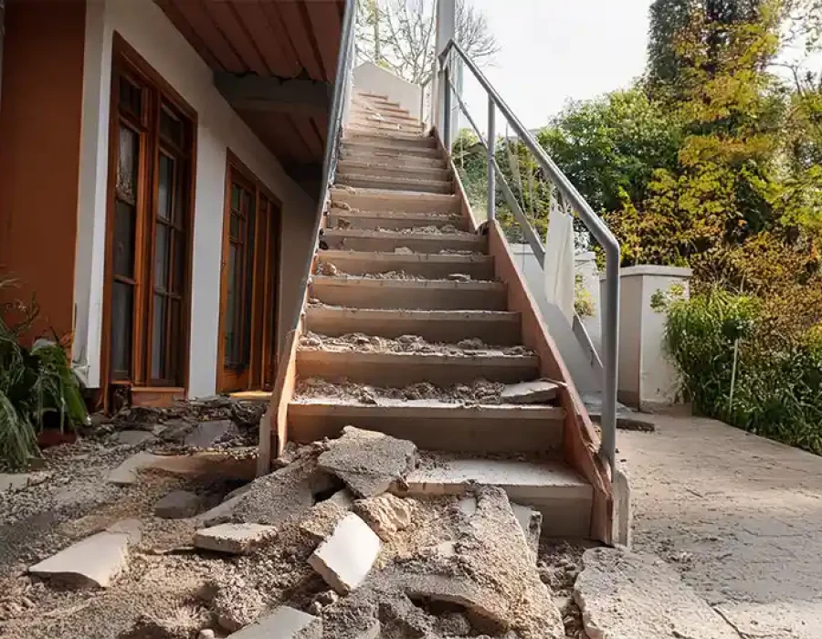Exterior stairway damaged with debris ready for cleanup