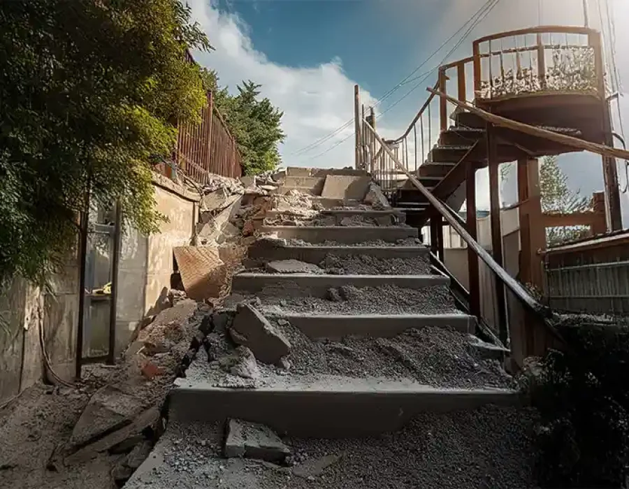 Ruined outdoor stairs with debris for removal and cleanup