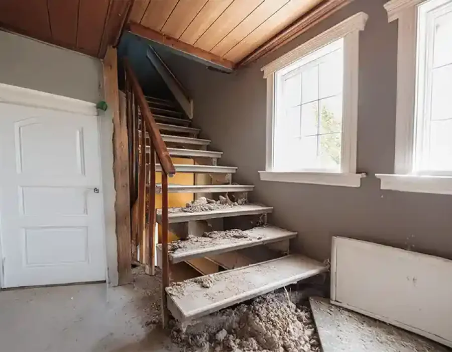 Partially demolished indoor staircase with debris and exposed structure during home renovation project