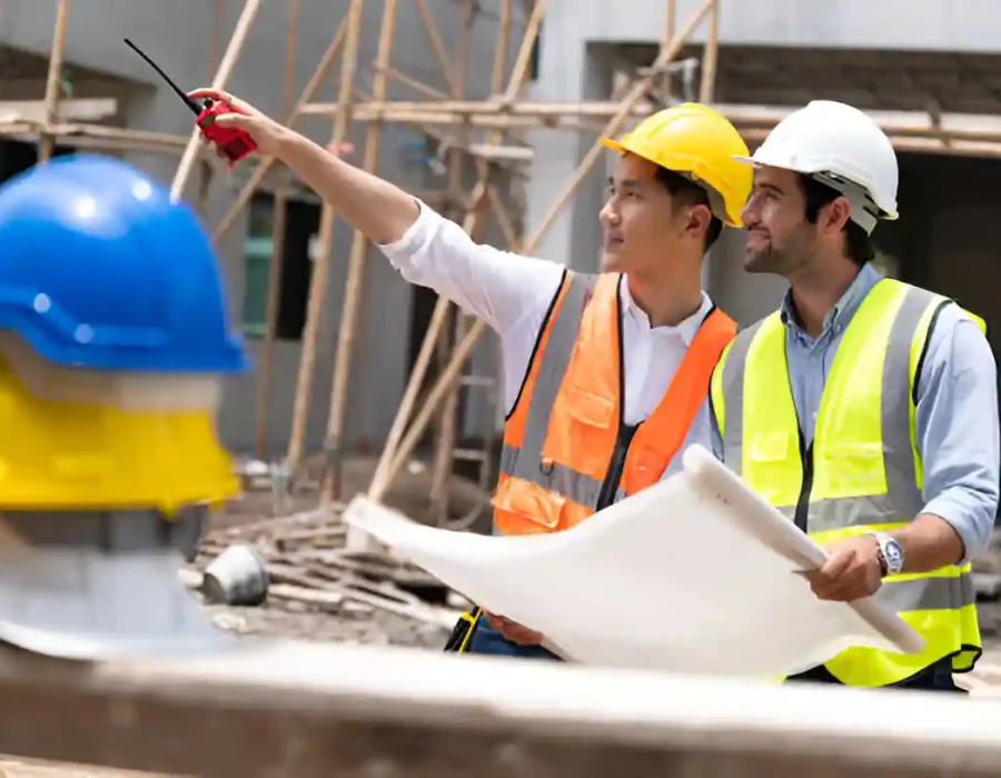 Engineers discussing plans at a construction site