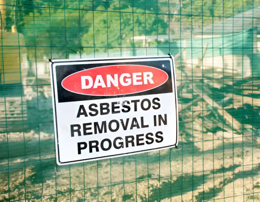 Danger sign warning of asbestos removal in progress behind safety fence at demolition site cleanup