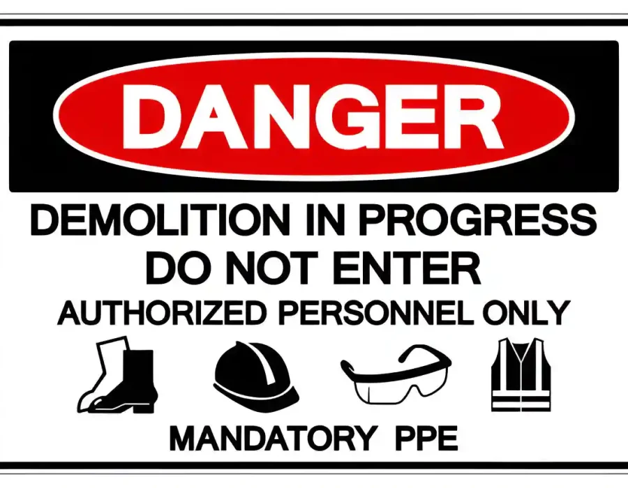 Danger sign for active demolition site showing required PPE - boots, hard hat, safety glasses, and reflective vest