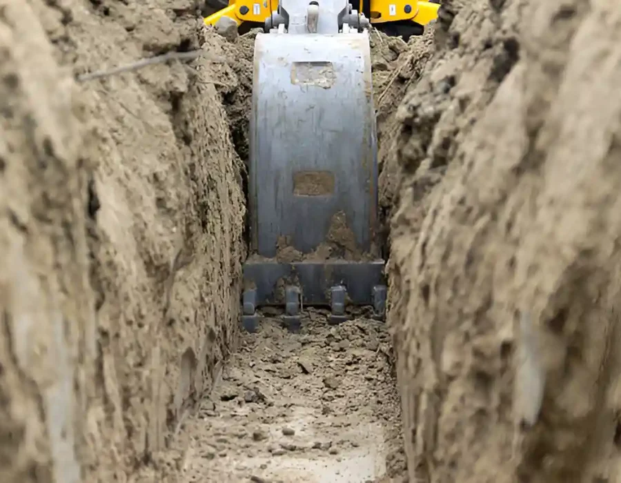 Heavy-duty excavator bucket digging deep trench for foundation demolition and site preparation work