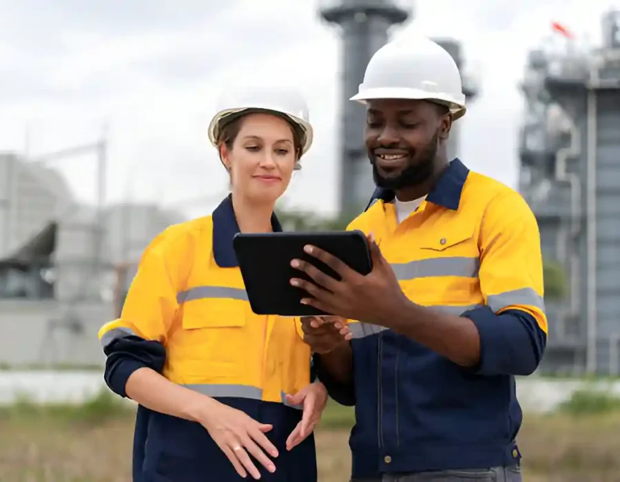 Demolition contractors in safety gear reviewing project plans on tablet at industrial site with equipment