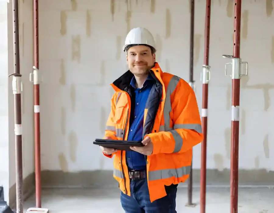 Construction supervisor in hi-vis jacket and hardhat inspecting demolition site with digital tablet