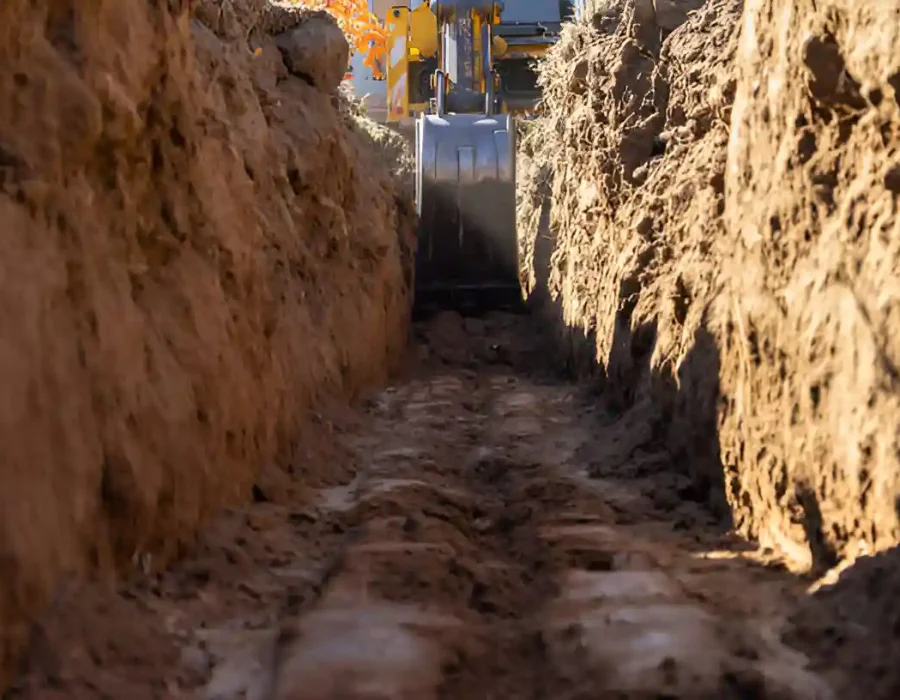 Deep trench excavation with backhoe equipment for construction site preparation and underground utility work
