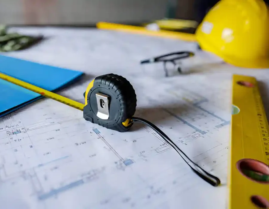 Demolition project blueprints with measuring tape, hardhat, and safety equipment for site preparation and planning