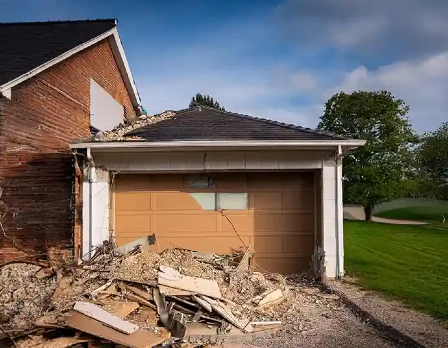 Damaged Garage with Demolition Debris
