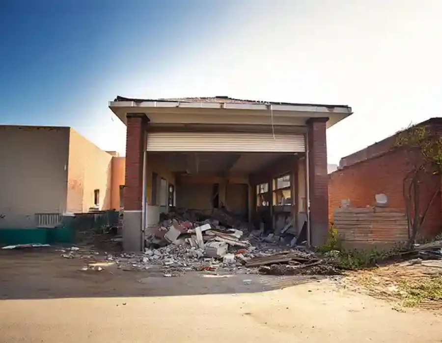 Partially demolished garage with bricks and rubble scattered across the driveway and interior.