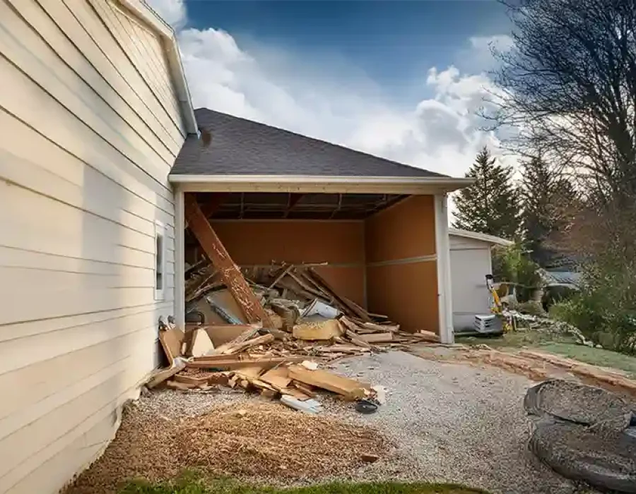 Garage Demolition with Debris Pile