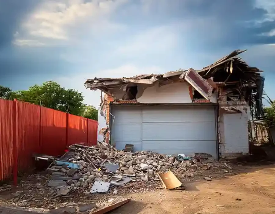Partially Demolished Garage with Rubble