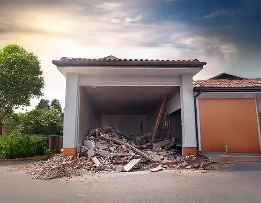 Garage Demolition with Debris Pile