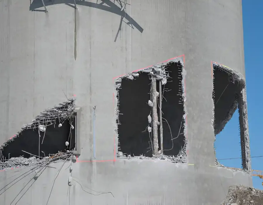 Partially demolished concrete wall with exposed rebar.
