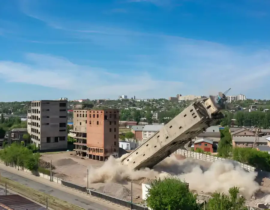 Controlled building demolition in progress with structure collapsing and dust clouds forming.