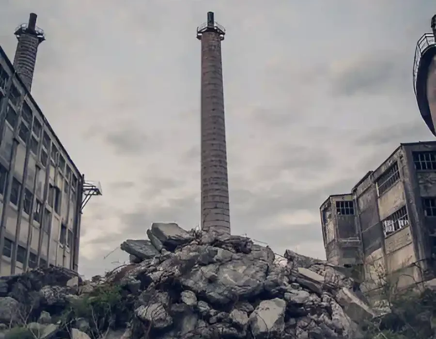 Pile of concrete rubble at an abandoned industrial site with tall smokestacks in the background.