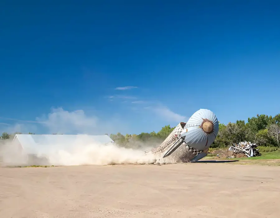 Metal silo collapsing during demolition, surrounded by dust cloud and open landscape.