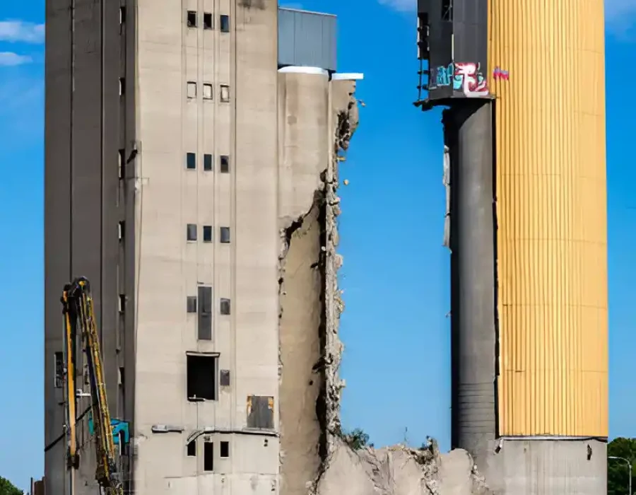 Demolition of tall concrete silos near a waterfront with debris and equipment visible.