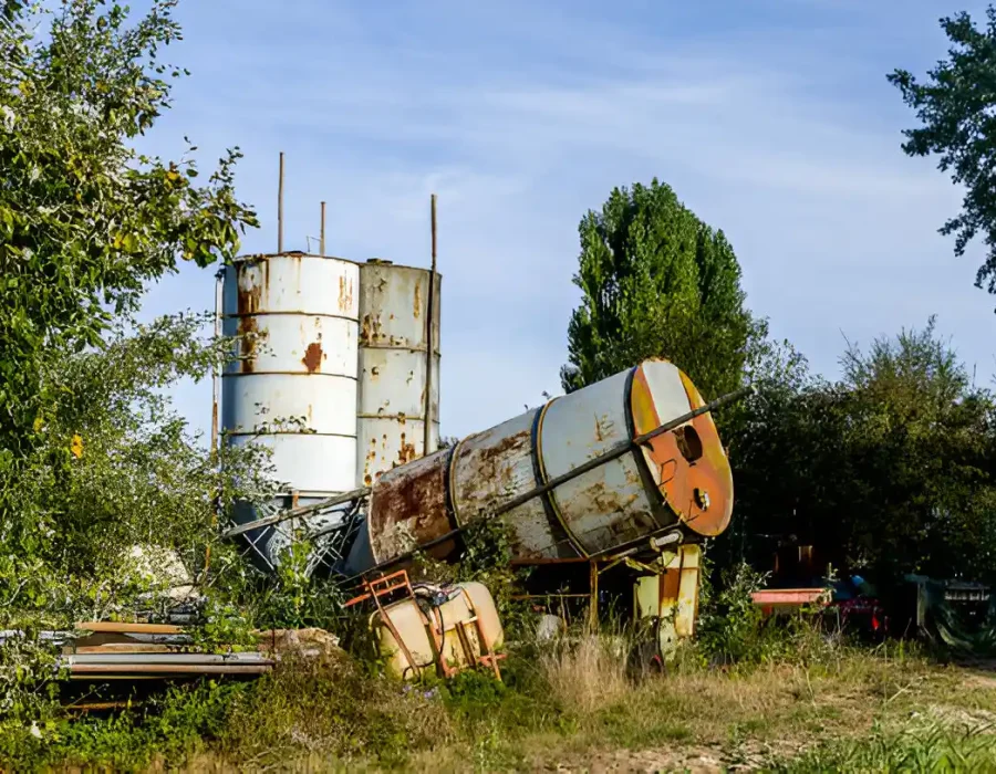 Rusted industrial tanks and debris in an overgrown outdoor site awaiting removal and cleanup.