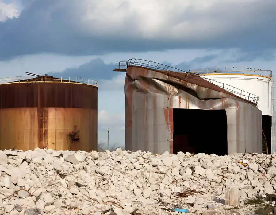 Damaged Storage Tanks with Debris Pile
