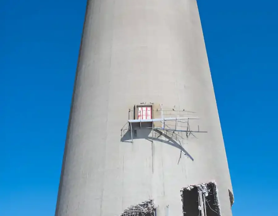 Partially demolished concrete tower with exposed sections.