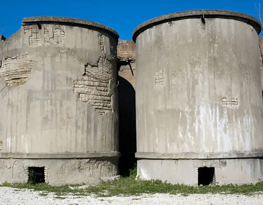 Two deteriorating concrete silos with visible cracks and damaged surfaces.