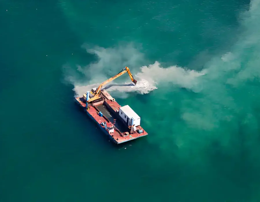 Excavator on floating barge creating smoke during maritime demolition operation