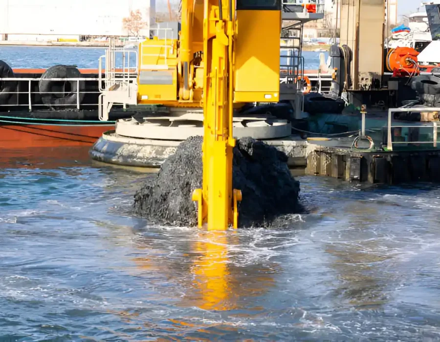 Yellow excavator arm pumping sediment from marine platform, industrial water cleanup