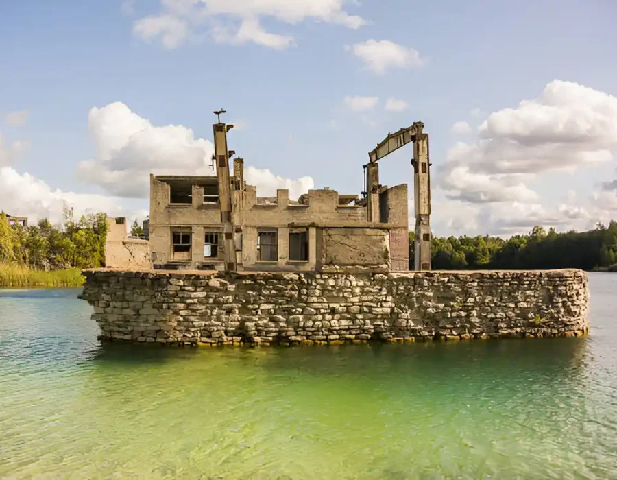 Ruined building on water surrounded by nature.